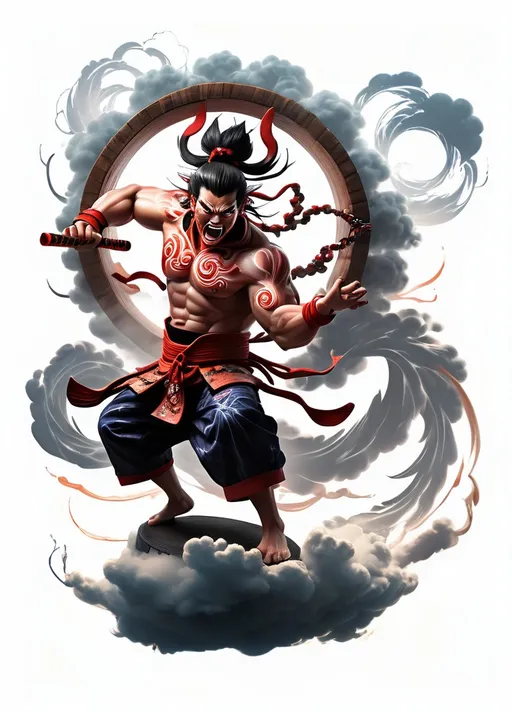 Prompt: (Raijin character), fierce and aggressive facial expression, standing atop a vibrant cloud, beating den-den daiko drums, intricate tomoe symbols on drums, dynamic pose, swirling storm backdrop, intense atmosphere, lightning illuminating the scene, dramatic shadows, ultra-detailed, high-quality, striking color contrasts, magical and powerful ambiance.