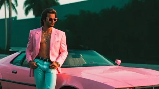 Prompt: A man with sunglasses, with a car behind, in the sunset, retro vaporwave miami vice style