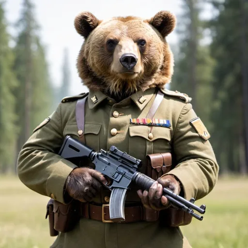 Prompt: Bear in soldiers uniform with gun ready for battle