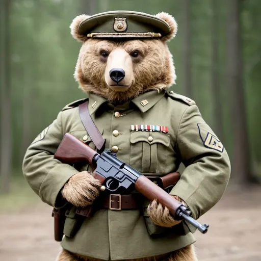 Prompt: Bear in soldiers uniform with gun ready for battle