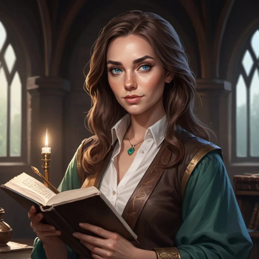 Prompt: Make a DnD portrait of jade the executive coach. Straight brown hair blue eyes. Adventuring clothes. Holding a book and quill. High res dramatic light