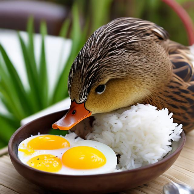 Prompt: villa duck eating rice with egg