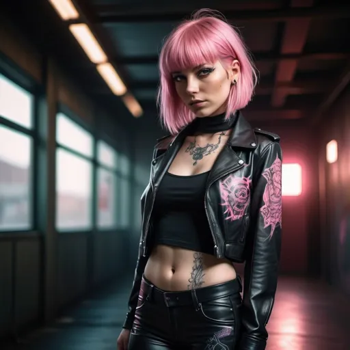 Prompt: ortrait of a woman of detailed cyberpunk clothing, leather pants, with tattoo on her body, long bangs, inverted bob, (pink hair:0.4), (platinum blonde hair:0.6), model cinematic shot on Leica M6 ultra realistic studio lighting, ray tracing bloom blade runner atmosphere, dynamic pose, pose, variations, expressions, natural look,sunny,soft 