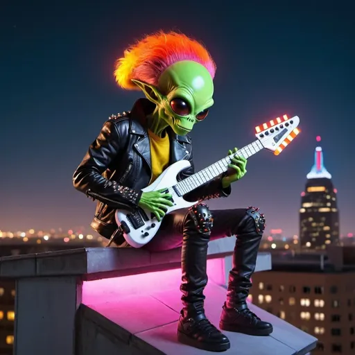 Prompt: an alien playing a Keytar, sitting on the top of a building, the alien has fire colored hair sticking up from his head, he has a leather jacket on with studs and the key tar is lit up