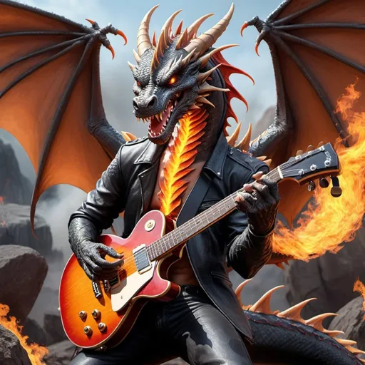 Prompt: a realistic detailed image of a dragon playing rock music on his guitar he looks like a rock star and he has female fire demons as his back up singers