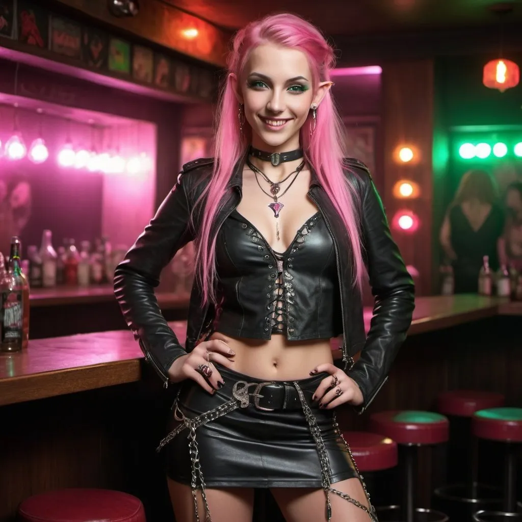 Prompt: A striking professional photograph captures a punk elven woman with a unique beauty. Her features include green eyes and a long hair dyed pink . she is smiling a flirtatious smile, her lips are full and pink, In an night club, she stands with one hand on her hip, Clad in a black leather jacket and a short leather skirt that is split on the side and laced up, she is wearing a leather choker with a crystal heart on it, she is naturally ravishing and alluring. Dangling from her thin waist is a belt with chains and gems dangling from it, photo