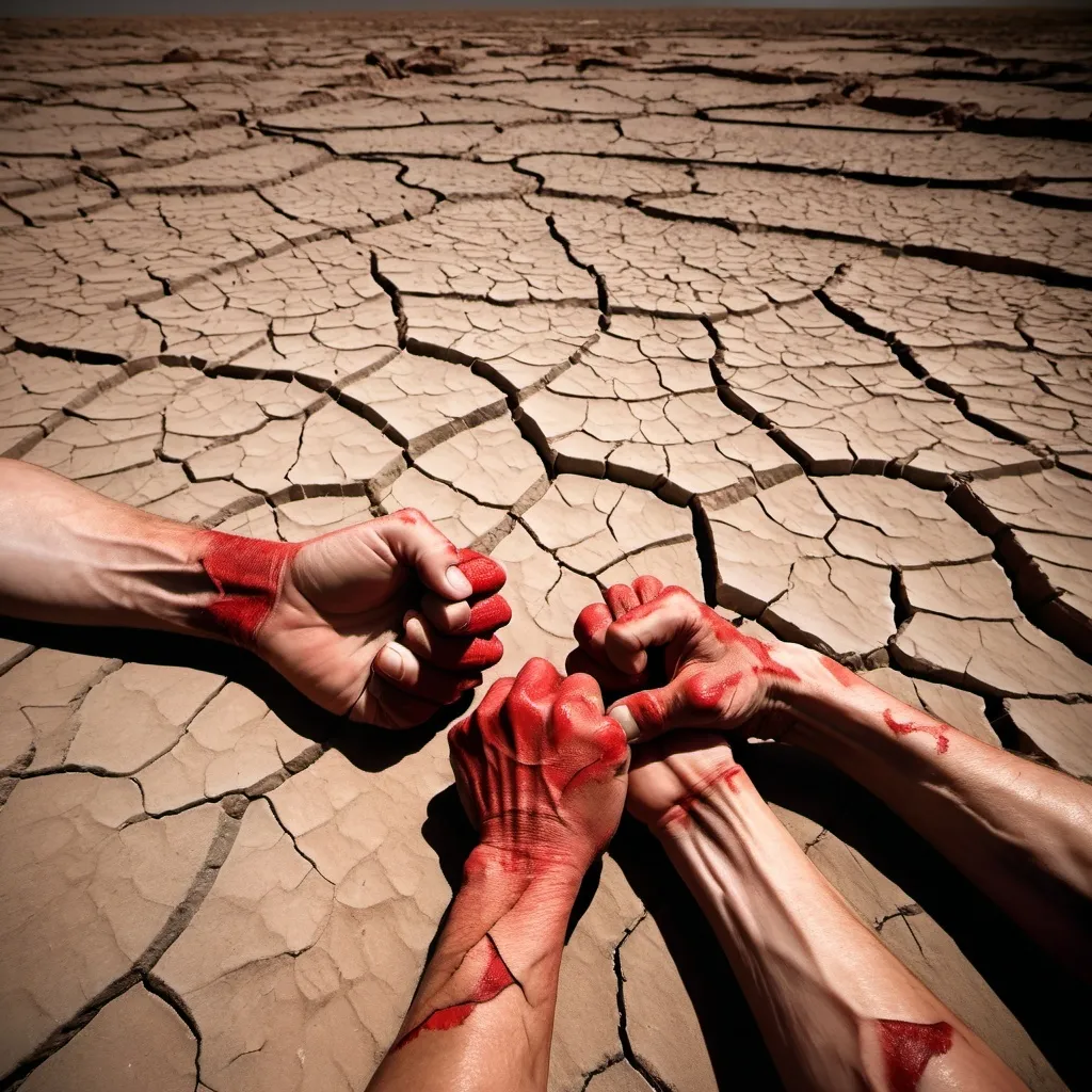 Prompt: empty river bed cracked soil arid dry background

Add two dry red hands with clenched fists
