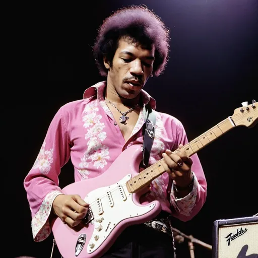 Prompt: Jimi Hendrix on stage with black and white fender guitar. He is wearing a pink floral shirt wide cuffs and dark flared trousers with a 