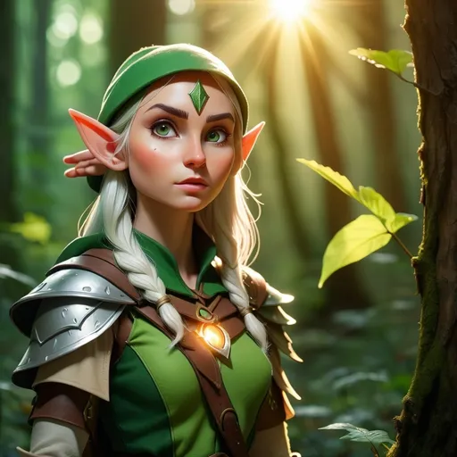 Prompt: Elf ranger in a mystical forest around sunlight