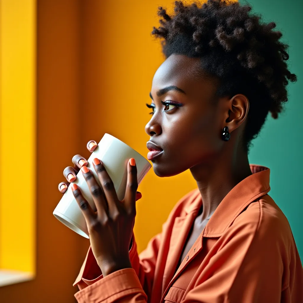 Prompt: YOUNG MODERN AFRICAN WOMAN DRINKNG MILLET PORRIDGE
