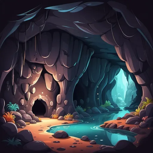 Prompt: Whimsical cave, dark colors, cartoon style