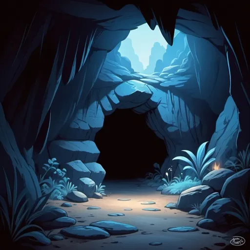 Prompt: Create a dark earthen cave with blue hues, there is a cave exit on the right side, light is gently emitting from cave exit on the right, cartoon in old Disney art format