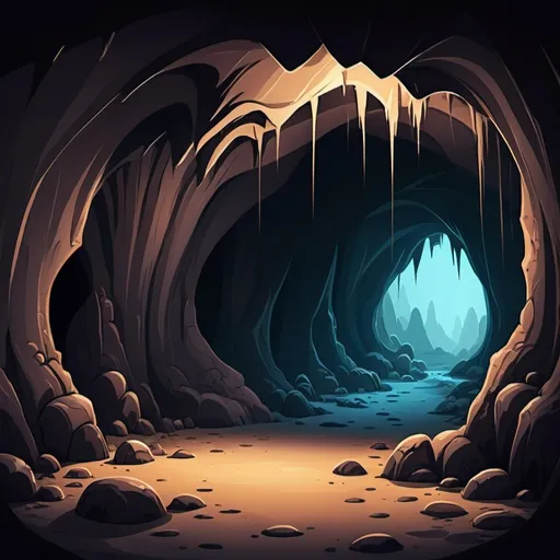 Prompt: a dark cavernous cave, whimsical cartoon, 1800 Wide X 1200 height
