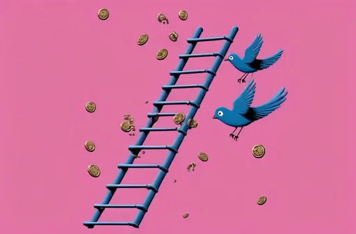 Prompt: a cartoon of a ladder with coins falling down it and a bird flying over it, with a pink background, Brenda Chamberlain, les automatistes, david rudnick, a storybook illustration