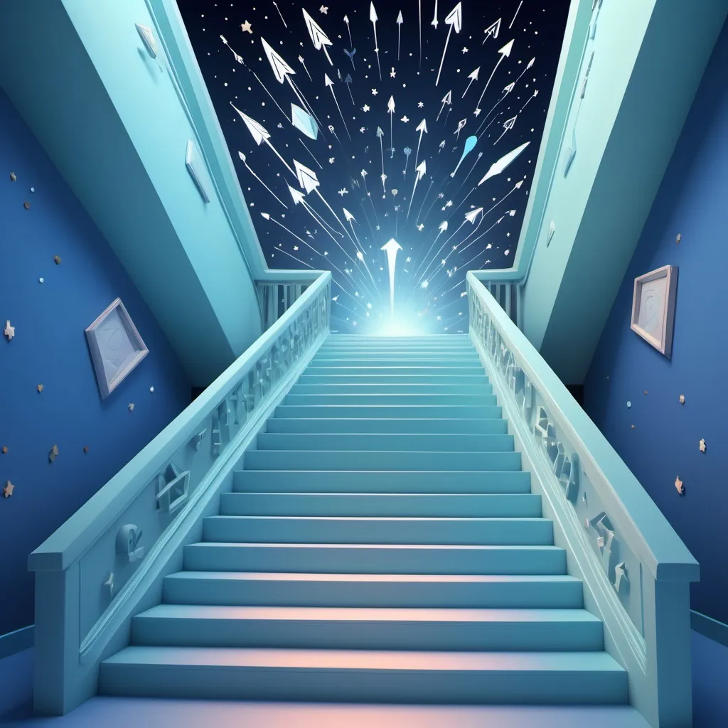 Prompt: (realism style), (pastel color scheme), graphic of a staircase, arrows pointing upwards, dreamy blue background, delicate stars and dots scattered throughout, (Epsylon Point), intricate computer art, precise blueprint design, ultra-detailed computer graphics, serene and uplifting atmosphere, harmonious color palette, captivating visual flow, descent into creativity, infinity symbol interplay.