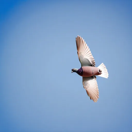 Prompt: A carrier pigeon flying through the blue sky.