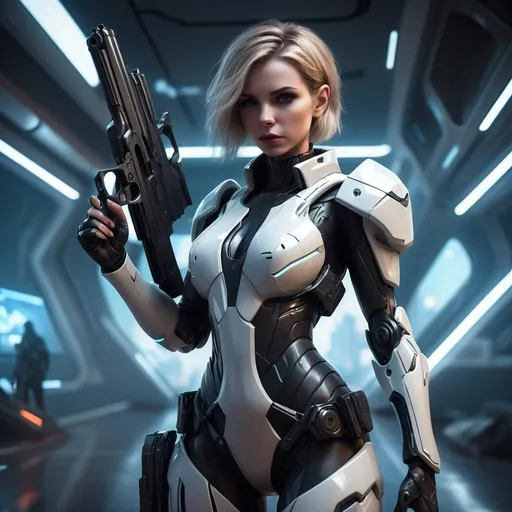 Prompt: a woman in a futuristic suit holding a gun and a gun in her hand, with a futuristic background, Andor Basch, fantasy art, unreal 5, computer graphics