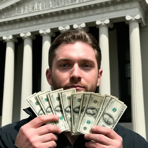 Prompt: a man holding a stack of money in front of a building with columns and columns on it's sides, Chase Stone, serial art, promotional image, a poster