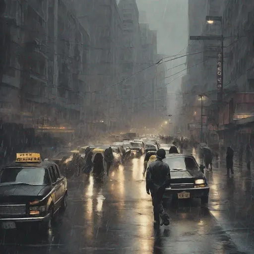 Prompt: A drop fell on the tip of his nose, another on the back of his hand and suddenly it started pouring. They remained still, motionless in the center of the city which was beginning to stir. Passers-by ran to get to their cars, others flagged down taxis, others simply ran.