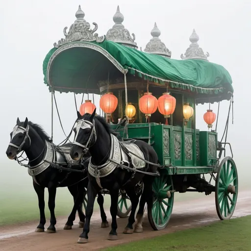Prompt:  a large green wagon with four lanterns anchored at each corner of the vessel, one for each wheel, 2 horses in front were large and powerful-looking beasts with silver caparison coverings adorning each. The two passengers sat still, facing forward, paying no mind to the present surroundings. All surrounded by a silken mist.