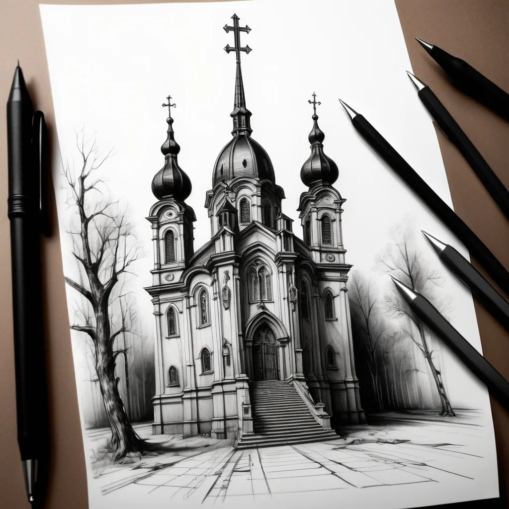 Prompt: a drawing of a church on a piece of paper on a table with a pen and a pencil in it, Andrey Yefimovich Martynov, gothic art, sketch, a drawing