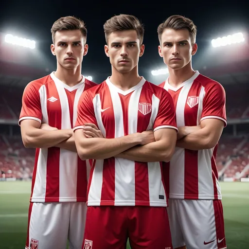 Prompt: Soccer players in red and white striped shirts, red shorts, intense and impressive stance, arms crossed, single ball, professional, detailed facial features, high quality, realistic, intense lighting, competitive sports, athletic, detailed jersey, powerful presence, focused gaze, dynamic composition