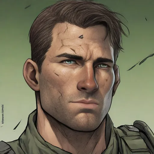 Prompt: Man, brown hair, some grey, many scars, military, green eyes, tough, fit, texan, face scars, broken nose, spy
