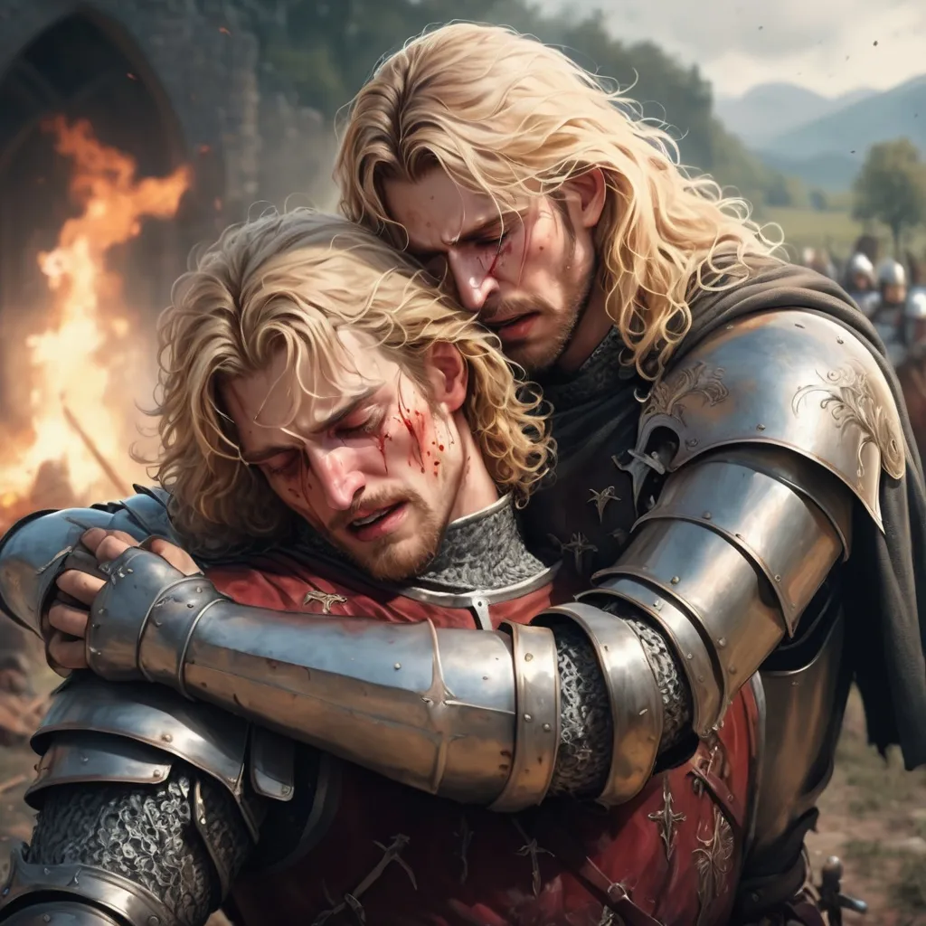 Prompt: Two male knights on a medieval battlefield, emotional scene with one man clutching the lifeless body of the other, one with long blond hair, the other with short curly brown hair, medieval setting, cleric, bandit, emotional, sad, blood, crying, detailed armor, intense expressions, highres, emotional, medieval, detailed hair, atmospheric lighting