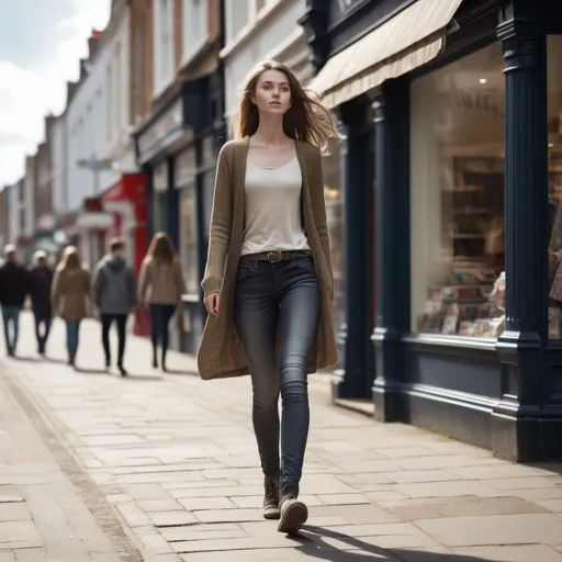 Prompt: Tall young woman walking down the high street, detailed clothing, realistic, natural lighting