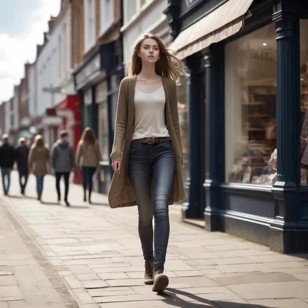 Prompt: Tall young woman walking down the high street, detailed clothing, realistic, natural lighting