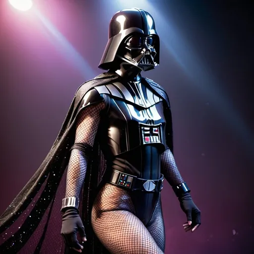 Prompt: Darth Vader in femboy outfit, glittery cape, high-quality, sci-fi, fantasy, dramatic lighting, detailed costume, fantasy style, cosmic color tones, three-quarter view, cape swishing in front, fishnet leggings, non-dominant stance, male, twink, thin