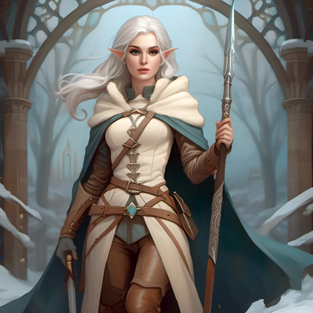 Prompt: <mymodel> full-body portrait, serious, noble, pale female elf, blue eyes, elegant white hair, highres, detailed, neo-medieval, elegant, cool tones, atmospheric lighting, professional, modest leather winter ranger outfit, fur-lined cape, holding ornate spear in one hand and a short dagger in the other hand, high fantasy, action pose, game-rpg style, dnd, fantasy game, detailed eyes, sleek design, majestic presence