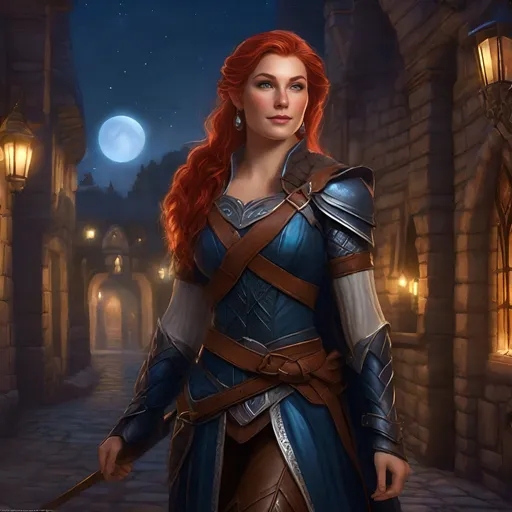 Prompt: Fullbody, beautiful female elf ranger, square face, freckles, blue eyes, red hair in a side braid, pointed ear tips, midnight blue leather light armor, moon maiden, pathfinder, dungeons and dragons, fantasy town street at night, painted style, realistic, game-rpg, fantasy, detailed armor, elegant stance, atmospheric lighting, highres, rich colors, magical glow