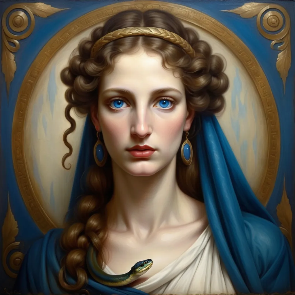 Prompt: Medieval oil painting of Hygeia, dark blue eyes, serene, peaceful snake coiled around neck, ancient Greek mythology, detailed facial features, rich and textured brushstrokes, mystical atmosphere, high quality, medieval, oil painting, detailed features, mystical, rich texture, atmospheric lighting