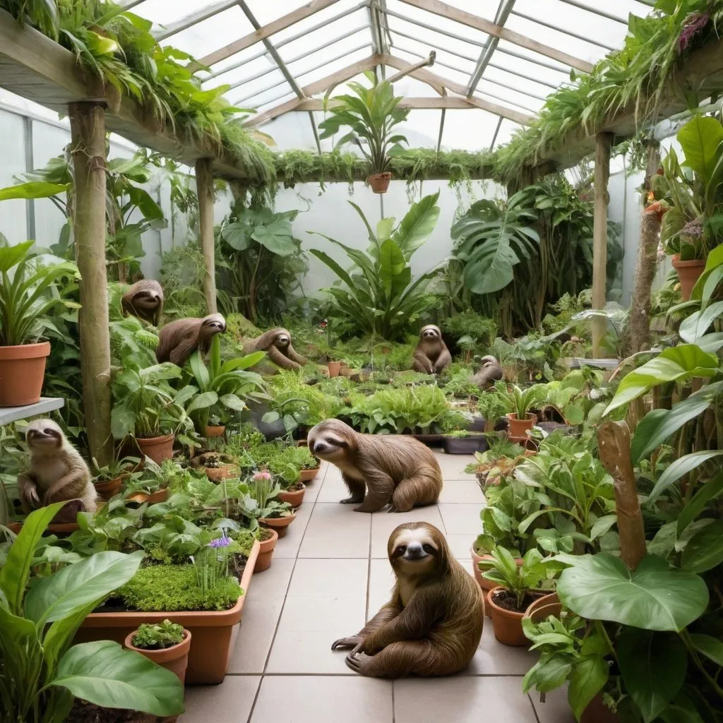 Prompt: a big garden with many plants and sloths  and food.