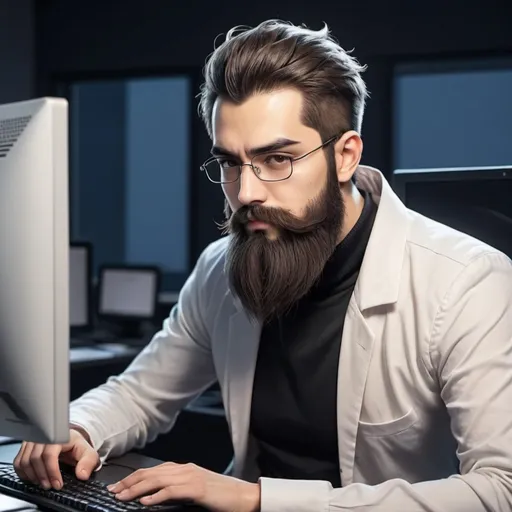 Prompt: Please create image of a developer in anime style with beard, sit before desktop
