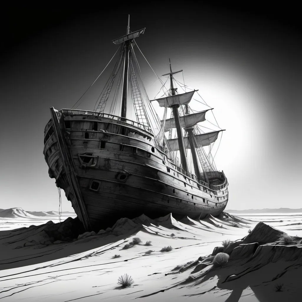 Prompt: Sinking ship in desert, white sketch on black background, detailed ship structure, ship sinking, bright shining sun, desert landscape, white lines, high contrast, detailed drawing, artistic sketch, desert shipwreck, bright sun, stark contrast, black and white, detailed shading, high quality, artistic sketch, intense sunlight