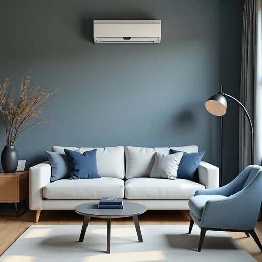 Prompt: A modern living room in a calm, elegant color palette with dominant shades of gray and soft blue. A light gray minimalist sofa with blue and gray pillows is the focal point. In front of the sofa, there is a low, round coffee table in a darker shade of gray, with two books stacked on top — the smaller one on top. The wall behind the sofa is slightly darker than the others and features a white, modern air conditioning unit mounted slightly to the left of center.
To the left of the sofa, there is a cabinet in the same tone as the coffee table, with a matte dark gray vase holding natural dry branches (not too sparse). In the right corner, there is a soft blue upholstered armchair and a floor lamp with a modern, rounded design, black frame, and light shade.
The floor is natural wood, with a smooth light rug to add warmth and brightness. The entire space is bathed in natural daylight with soft shadows, creating a peaceful and inviting atmosphere.
