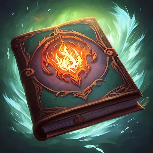Prompt: A half opened spellbook in a square icon, fantasy art, magic, ice and fire