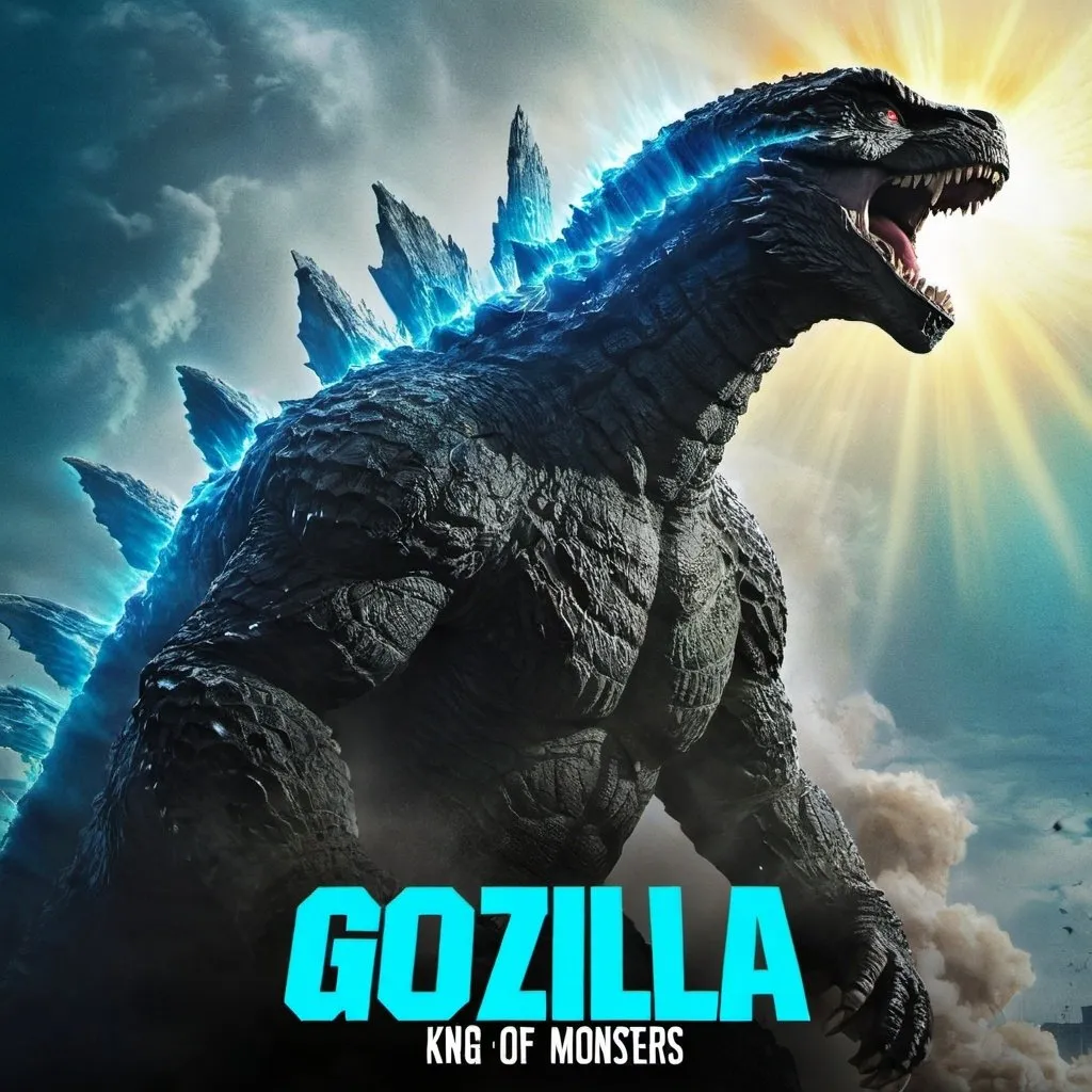 Prompt: Godzilla king of the monsters movie poster with godzilla shooting up beam