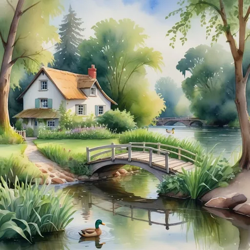 Prompt: A watercolor painting of a beautiful river passing by a dream cottage, a small bridge over the river, and some ducks swimming by the river, the banks of the water are overgrown with plants