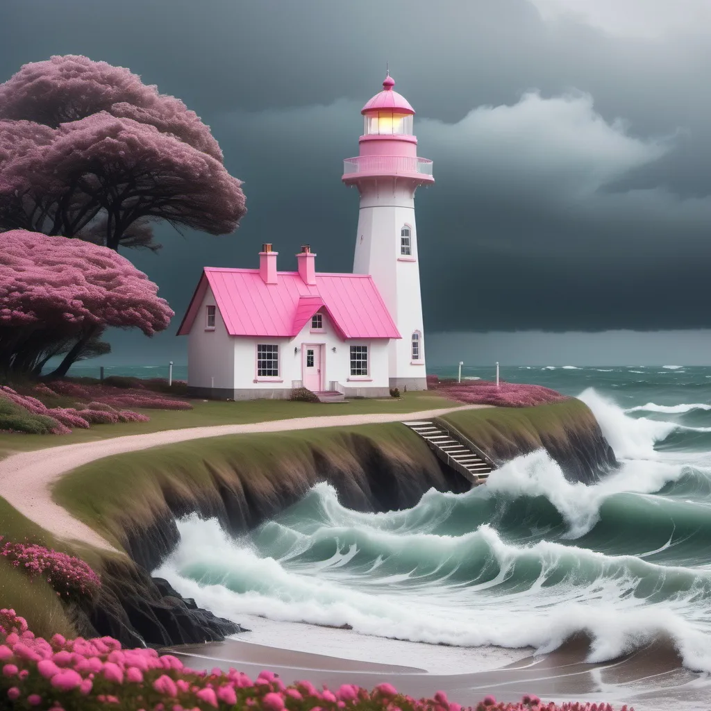 Prompt: A lighthouse with a pink roof in the middle of a raging sea on a beach of trees and flowers and a dreamy cottage in a rainy weather.