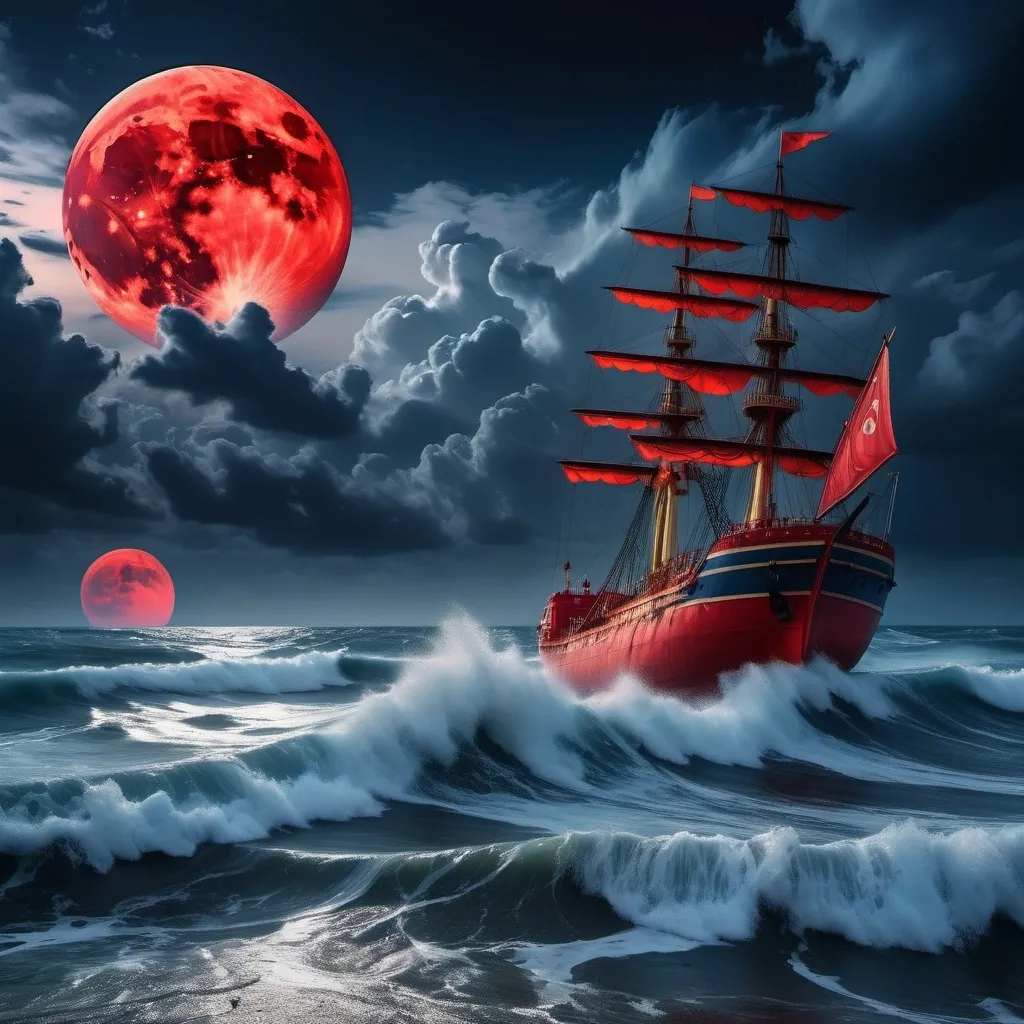 Prompt: An amazing red and blue sky and a bright moon by the stormy shore and a red ship in the turbulent waves of the sea.