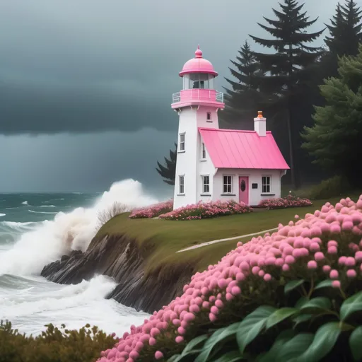 Prompt: A lighthouse with a pink roof in the middle of a raging sea on a beach of trees and flowers and a dreamy cottage in a rainy weather.