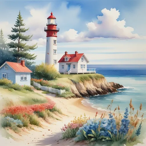 Prompt: A watercolor painting of a beautiful beach, blue sea water and clear sky and a few spots of clouds next to the lighthouse, a small portable house with rows and rows of trees, flowers and plants around the house and a dreamy lighthouse and ships that can be seen in the distance.