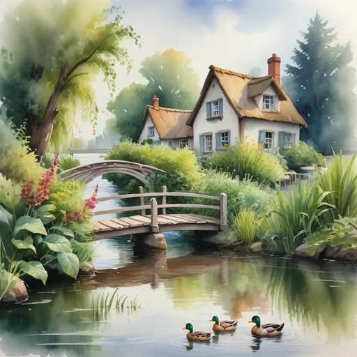 Prompt: A watercolor painting of a beautiful river passing by a dream cottage, a small bridge over the river, and some ducks swimming by the river, the banks of the water are overgrown with plants