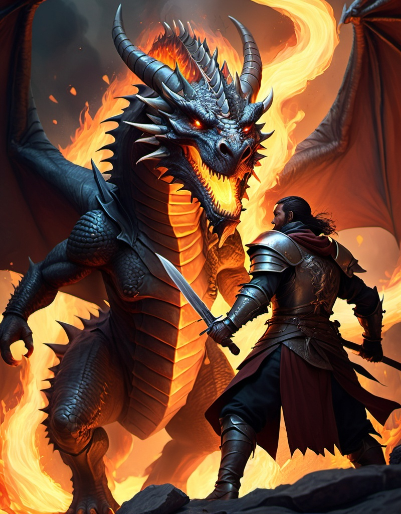 Prompt: a warrior encounters a dragon, flames effect, details clothes, highly detailed scene, fantasy character art, digital illustration, dnd