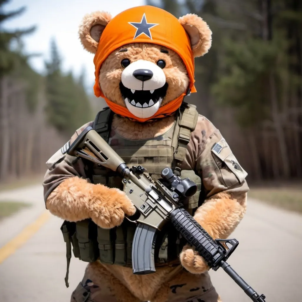 Prompt: Scary teddy bear, camo millitary helmet, camo bandanna around neck, holding AR-15, orange-brown fur, big teethy smile