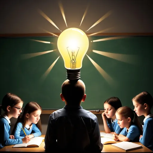 Prompt: A teacher's head is a flashlight teaching students