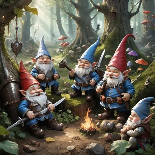 Prompt: Resting gnomes, fantasy forest, big feast, laughter, happiness, swords and armor scattered about